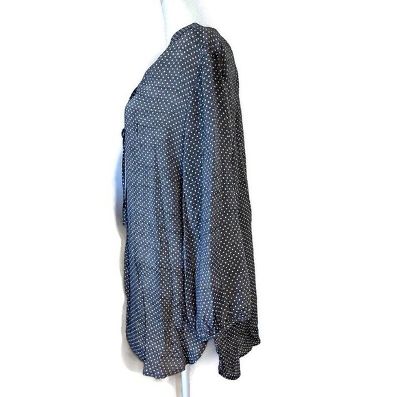 Womens Plus 2X Boho Career Casual Grey Polk Dot Bell Sleeve Lace Up Neck Blouse - Picture 3 of 13